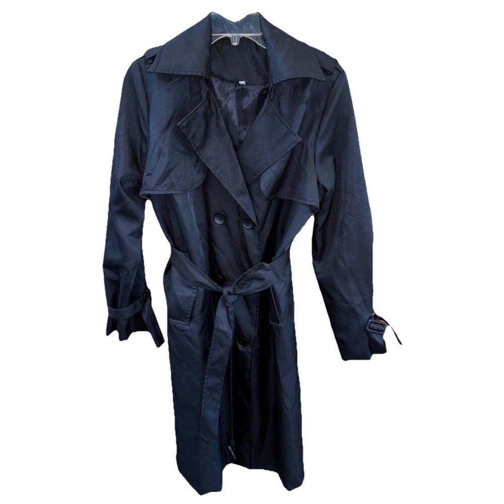 Trench Coat Women Double Breasted Lapel Collar Belt Outwear Midi XL Black Lined